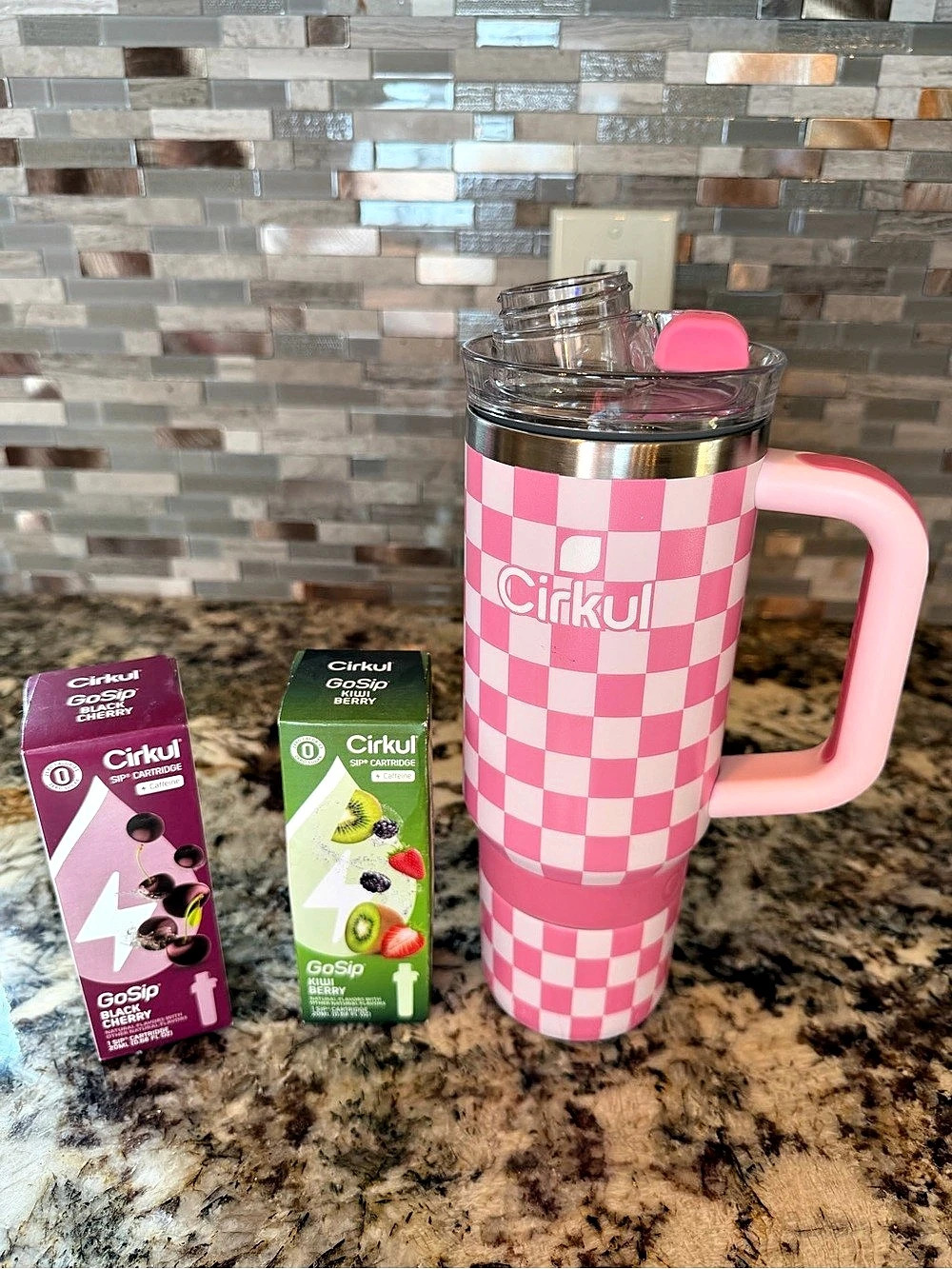 Cirkul Pink 40 oz Checkered Stainless Steel Tumbler Insulated w/ Handle Straw